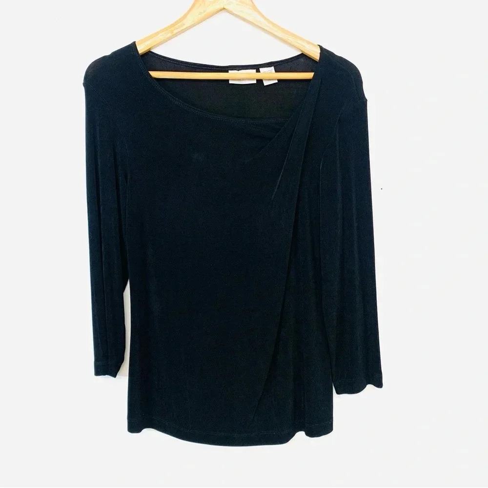Chicos Travelers 2 Shirt Slinky Knit Woman Large Black 3/4‎ Sleeve Classic USA